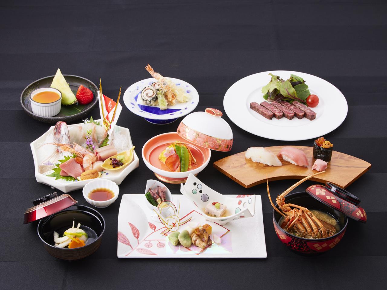 おめでたい席にぴったりの、彩り豊かな料理が並びます